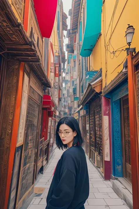 Abstract, 8K, photo shot from front, mid-body portrait, highly-detailed, (flat color:1.1),(colorful:1.3),(masterpiece:1.2), best quality, masterpiece, original, extremely detailed wallpaper, looking at viewer,
oriental city,eastern architecture,a lot of details,mysterious expression, in a modern and abstract setting, with bold and colorful abstract art, blurred background, bright lighting,