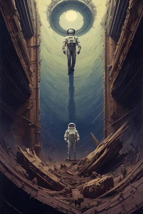 "realistic detailed image of an cosmonaut alone in the tundra next to whale skeleton in the style of Francis Bacon, Surreal, Norman Rockwell and James Jean, Greg Hildebrandt, and Mark Brooks, triadic color scheme, By Greg Rutkowski, in the style of Francis Bacon and Syd Mead and Edward Hopper and Norman Rockwell and Beksinski, open ceiling, highly detailed, painted by Francis Bacon, painted by James Gilleard, surrealism, airbrush, Ilya Kuvshinov, WLOP, Stanley Artgerm, very coherent, art by Takato Yamamoto and James Jean"
abstract dream, space, intricate, grand scale, alone, cinematic film still, insane detail, sharp focus, depth of field, realistic lighting, (realistic perspective), complex, (multiple subjects), 4k HDR,
<lora:add_detail:0.5> <lora:more_details:0.25> <lora:FantasyWorldV1:0.25>