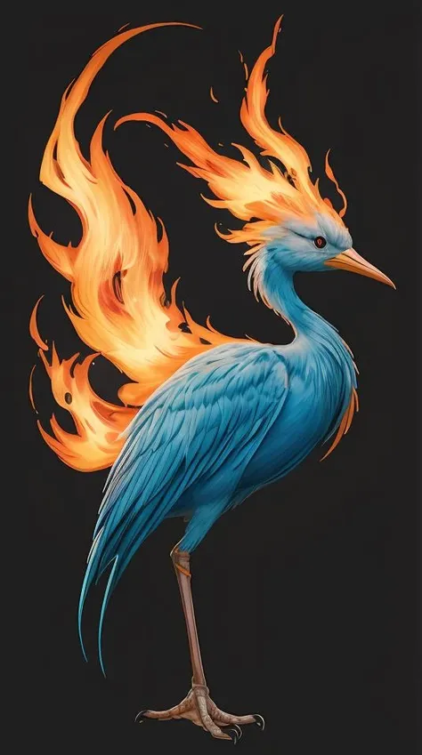 high quality, solo, a [bird|girl], single leg, (fire:1.2), white beak, cyan feather,<lora:BiFangBird:1>,