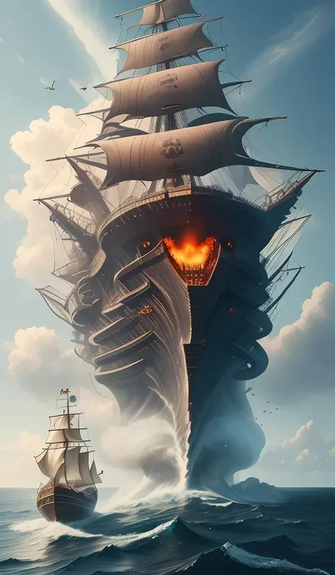 sea,Flying Dutchman,floating ship,firing, giant octopus,dual monster,