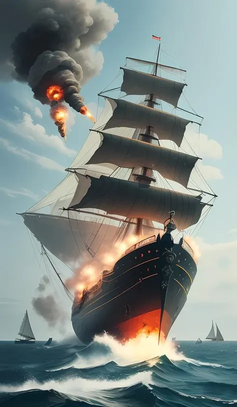 sea,Flying Dutchman,floating ship,firing,