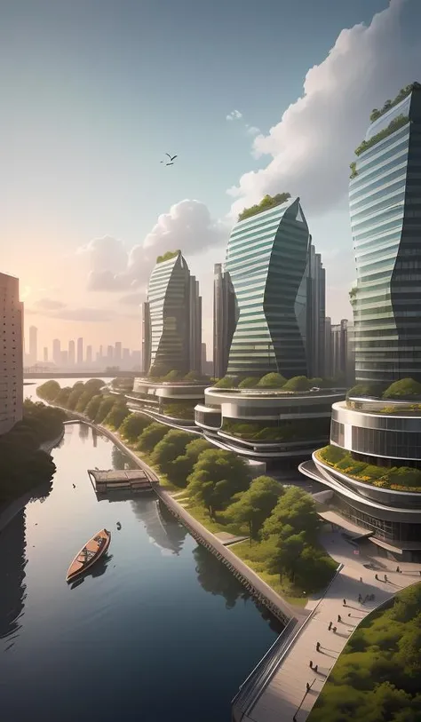 a beautiful rendering of a commercial district near by lake, rolling mountains, (low rise buildings with wood and green roofs near water), designed by SOM and OMA and SASAKI, [[a amazing museum designed by zaha near by water]], Headquarters of the world's top companies designed by apple, beautiful park and landscape in front of water with people activity, [abundant aquatic plants and birds and kayaks in river], [water sports], [[clear sky and sunlight]], [reflection], [[hyper detailed]], architecture rendering , modern architecture, 8k, vray render, [shenzhen China], [sunset], clouds, 35mm photography, urban design, [reality effect], Nature, [regular lines], simple geometry