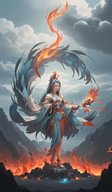 high quality, solo, a [bird|girl], single leg, (fire:1.2), white beak, cyan feather,<lora:BiFangBird:0.9>,close up,oriental architecture,eastern garden,cloudy and smoke,zhongfenghua<lora:zhongfenghuaxiyou:0.1>,abstract dream, space, intricate, grand scale, alone, cinematic film still, insane detail, sharp focus, depth of field, realistic lighting, (realistic perspective), complex, (multiple subjects), 4k HDR,