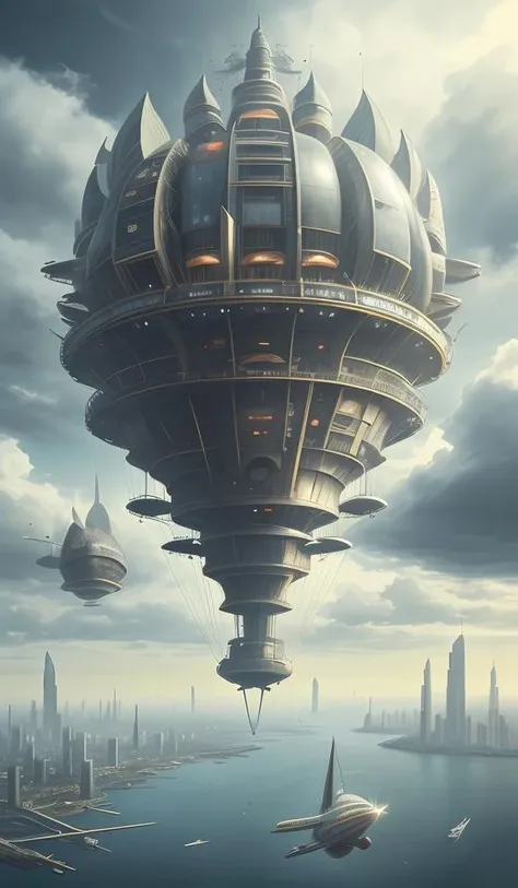 floating city,airship,cloudy sky,