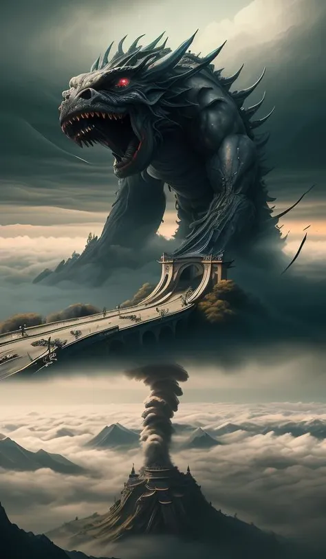 DUNGHUANG,DUNGHUANG BACKGROUND,on the sky,on the clouds,Fairyland, surrounded by clouds and smoke, oriental palace bridge, monster, abstract dream, space, intricate, grand scale, alone, cinematic film still, insane detail, sharp focus, depth of field, realistic lighting, (realistic perspective), complex, (multiple subjects), 4k HDR, <lora:add_detail:0.5> <lora:more_details:0.25> <lora:FantasyWorldV1:0.25>