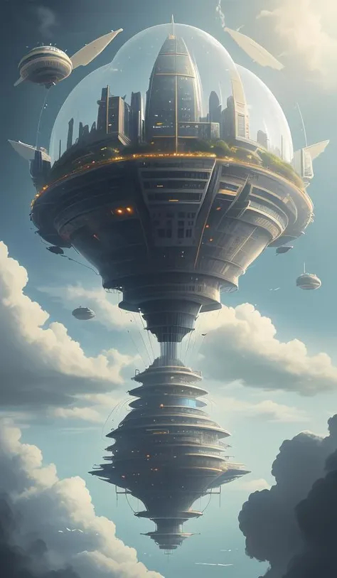 floating city,airship,cloudy sky,