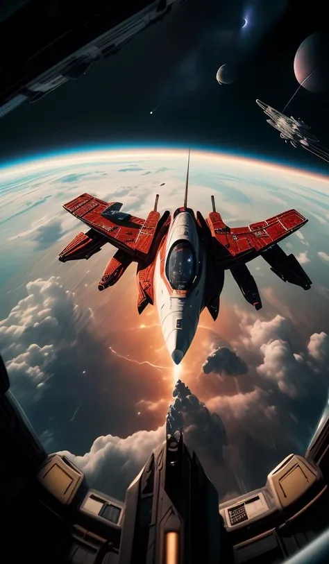 a (red and white:1.2) fighter starship flying in space,abstract dream, space, intricate, grand scale, alone, cinematic film still, insane detail, sharp focus, depth of field, realistic lighting, (realistic perspective), complex, (multiple subjects), 4k HDR,<lora:add_detail:0.5> <lora:more_details:0.25> <lora:20230530123038:0.25>