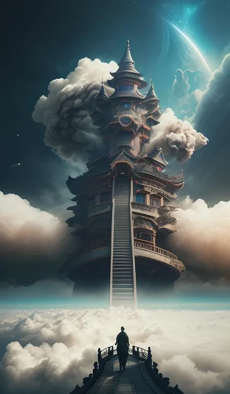 DUNGHUANG,DUNGHUANG BACKGROUND,on the sky,on the clouds,Fairyland, surrounded by clouds and smoke, oriental palace bridge, monster, abstract dream, space, intricate, grand scale, alone, cinematic film still, insane detail, sharp focus, depth of field, realistic lighting, (realistic perspective), complex, (multiple subjects), 4k HDR, <lora:add_detail:0.5> <lora:more_details:0.25> <lora:FantasyWorldV1:0.25>