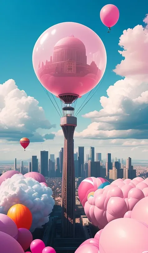 giant pink balloon,cities floating on balloons,magnificent clouds,pink theme,