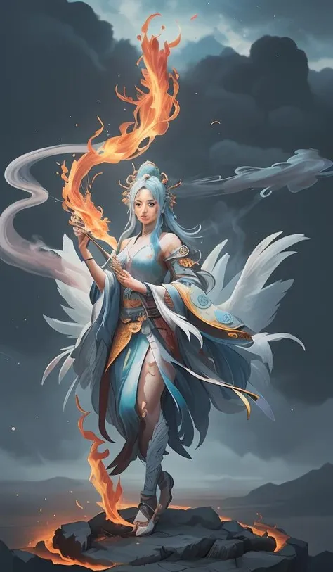 high quality, solo, a [bird|girl], single leg, (fire:1.2), white beak, cyan feather,<lora:BiFangBird:0.9>,close up,oriental architecture,eastern garden,cloudy and smoke,zhongfenghua<lora:zhongfenghuaxiyou:0.1>,abstract dream, space, intricate, grand scale, alone, cinematic film still, insane detail, sharp focus, depth of field, realistic lighting, (realistic perspective), complex, (multiple subjects), 4k HDR,
