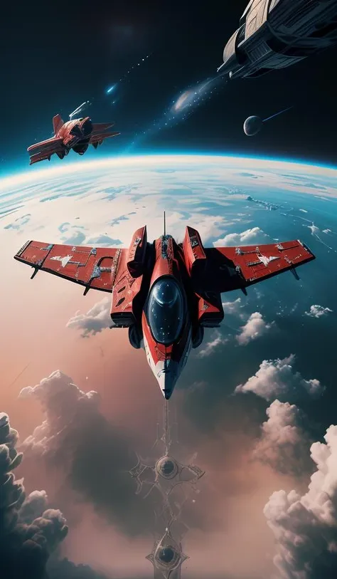 a (red and white:1.2) fighter starship flying in space,abstract dream, space, intricate, grand scale, alone, cinematic film still, insane detail, sharp focus, depth of field, realistic lighting, (realistic perspective), complex, (multiple subjects), 4k HDR,<lora:add_detail:0.5> <lora:more_details:0.25> <lora:20230530123038:0.25>