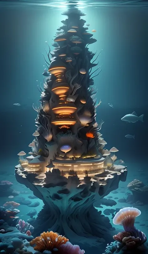 a giant city under the sea,architecture,blue spot,many pure jellyfish,orange light,