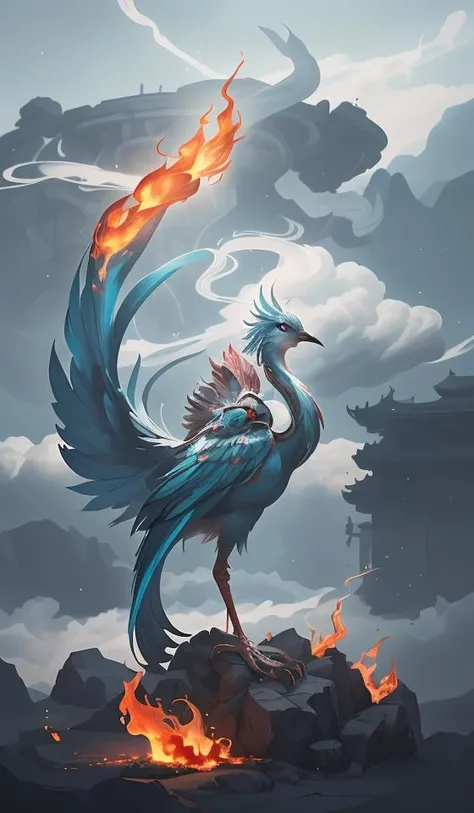 high quality, solo, a [bird|girl], single leg, (fire:1.2), white beak, cyan feather,<lora:BiFangBird:0.9>,close up,oriental architecture,eastern garden,cloudy and smoke,zhongfenghua<lora:zhongfenghuaxiyou:0.1>,abstract dream, space, intricate, grand scale, alone, cinematic film still, insane detail, sharp focus, depth of field, realistic lighting, (realistic perspective), complex, (multiple subjects), 4k HDR,