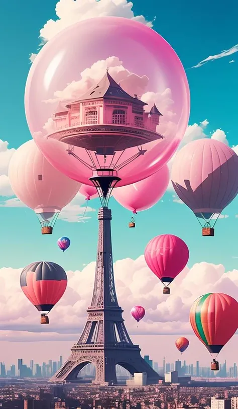 giant pink balloon,cities floating on balloons,magnificent clouds,pink theme,