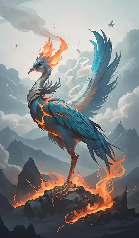 high quality, solo, a [bird|girl], single leg, (fire:1.2), white beak, cyan feather,<lora:BiFangBird:0.9>,close up,oriental architecture,eastern garden,cloudy and smoke,zhongfenghua<lora:zhongfenghuaxiyou:0.1>,abstract dream, space, intricate, grand scale, alone, cinematic film still, insane detail, sharp focus, depth of field, realistic lighting, (realistic perspective), complex, (multiple subjects), 4k HDR,