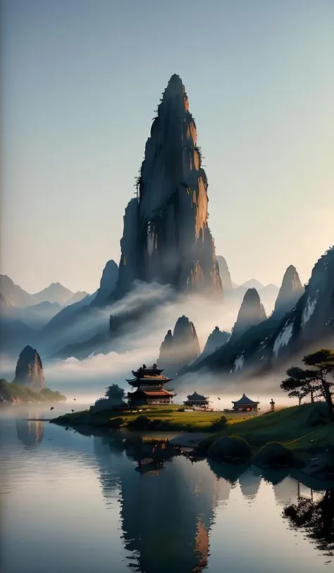 guofeng,chinese style,((summer, Huangshan National Park,painting antient arts style,traditional Chinese painting,painting lake and mountain landscape, mountain reflection on lake surface)),Painting,Volumetric sun Lighting,((high quality:1.2, masterpiece:1.2)),oil landscape,extreme wide perfect composition,(("Mysterious, Enigmatic and Intriguing landscape")),