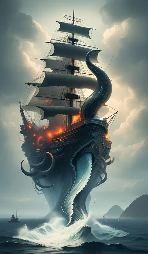 sea,Flying Dutchman,floating ship,firing, giant octopus,dual monster,