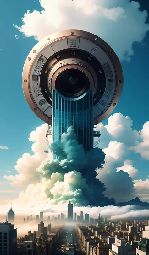 8k high quality, detailed, colorful analog photo, masterpiece, photorealistic, vibrant color film, masterclass, heavy (film grain), Fujicolor 400, Nikon F401,city floating without gravity ,monster shouting,clouds and mist,
