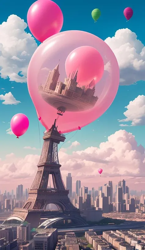 giant pink balloon,cities floating on balloons,magnificent clouds,pink theme,