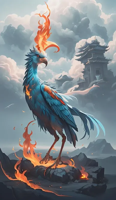 high quality, solo, a [bird|girl], single leg, (fire:1.2), white beak, cyan feather,<lora:BiFangBird:0.9>,close up,oriental architecture,eastern garden,cloudy and smoke,zhongfenghua<lora:zhongfenghuaxiyou:0.1>,abstract dream, space, intricate, grand scale, alone, cinematic film still, insane detail, sharp focus, depth of field, realistic lighting, (realistic perspective), complex, (multiple subjects), 4k HDR,