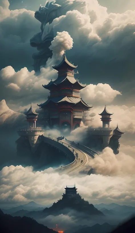 DUNGHUANG,DUNGHUANG BACKGROUND,on the sky,on the clouds,Fairyland, surrounded by clouds and smoke, oriental palace bridge, monster, abstract dream, space, intricate, grand scale, alone, cinematic film still, insane detail, sharp focus, depth of field, realistic lighting, (realistic perspective), complex, (multiple subjects), 4k HDR, <lora:add_detail:0.5> <lora:more_details:0.25> <lora:FantasyWorldV1:0.25>