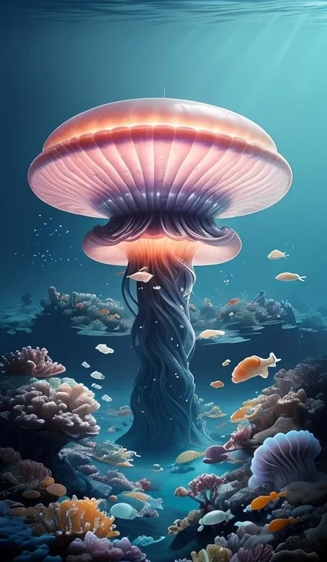 a giant city under the sea,architecture,blue spot,many pure jellyfish,orange light,