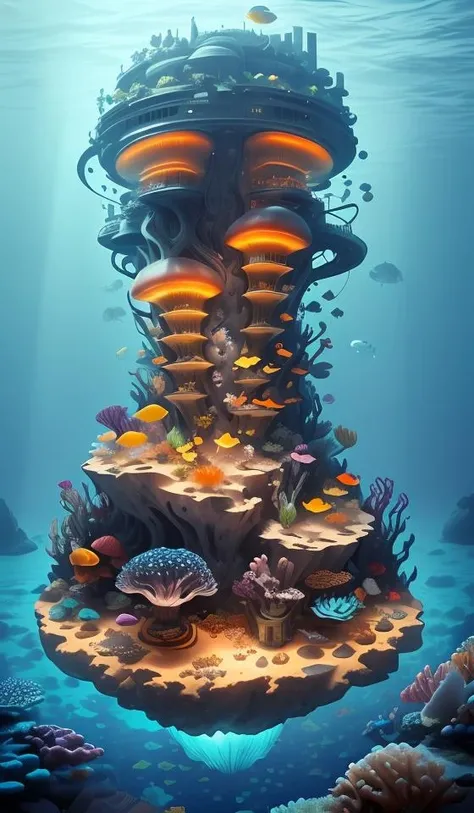 a giant city under the sea,architecture,blue spot,many pure jellyfish,orange light,