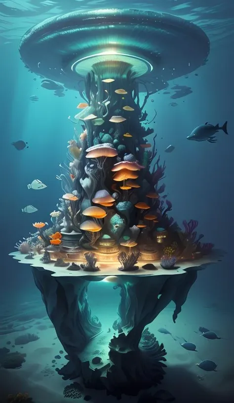 a giant city under the sea,architecture,blue spot,many pure jellyfish,orange light,