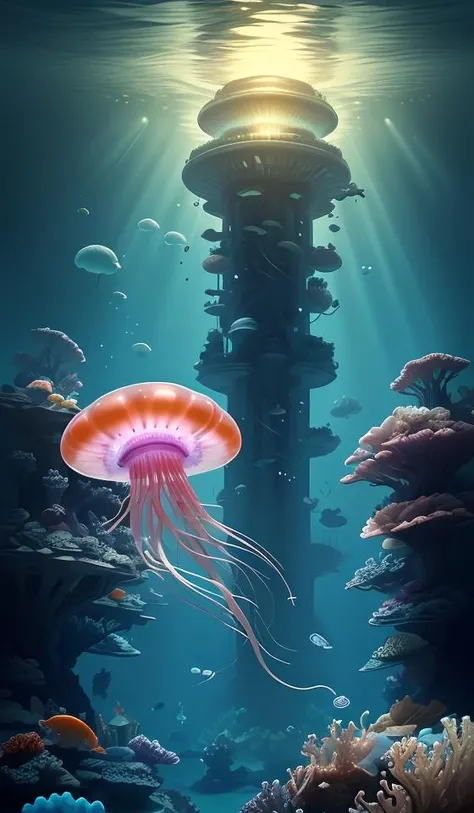 a giant city under the sea,architecture,blue spot,many pure jellyfish,orange light,
