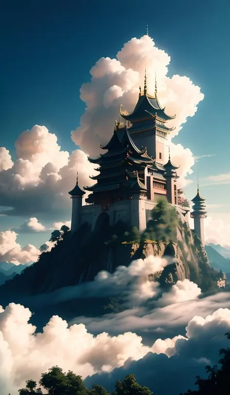 8k high quality, detailed, colorful analog photo, masterpiece, photorealistic, vibrant color film, masterclass, heavy (film grain), Fujicolor 400, Nikon F401,DUNGHUANG,DUNGHUANG BACKGROUND,on the sky,on the clouds,Fairyland, surrounded by clouds and smoke, oriental palace bridge, monster,