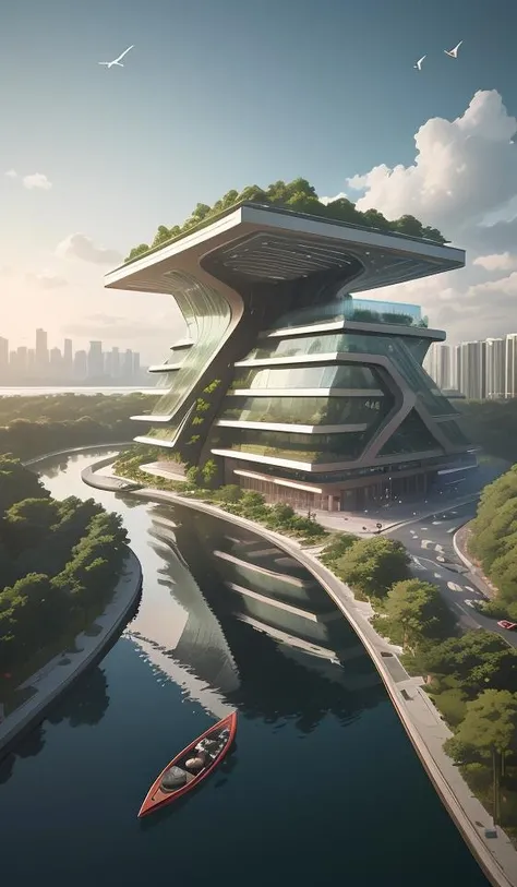 a beautiful rendering of a commercial district near by lake, rolling mountains, (low rise buildings with wood and green roofs near water), designed by SOM and OMA and SASAKI, [[a amazing museum designed by zaha near by water]], Headquarters of the world's top companies designed by apple, beautiful park and landscape in front of water with people activity, [abundant aquatic plants and birds and kayaks in river], [water sports], [[clear sky and sunlight]], [reflection], [[hyper detailed]], architecture rendering , modern architecture, 8k, vray render, [shenzhen China], [sunset], clouds, 35mm photography, urban design, [reality effect], Nature, [regular lines], simple geometry