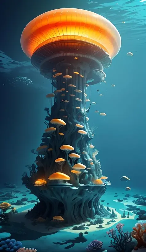 a giant city under the sea,architecture,blue spot,many pure jellyfish,orange light,