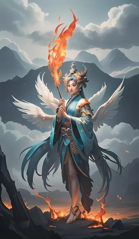 high quality, solo, a [bird|girl], single leg, (fire:1.2), white beak, cyan feather,<lora:BiFangBird:0.9>,close up,oriental architecture,eastern garden,cloudy and smoke,zhongfenghua<lora:zhongfenghuaxiyou:0.1>,abstract dream, space, intricate, grand scale, alone, cinematic film still, insane detail, sharp focus, depth of field, realistic lighting, (realistic perspective), complex, (multiple subjects), 4k HDR,