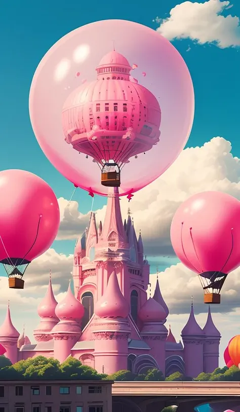giant pink balloon,cities floating on balloons,magnificent clouds,pink theme,