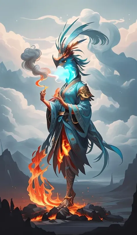 high quality, solo, a [bird|girl], single leg, (fire:1.2), white beak, cyan feather,<lora:BiFangBird:0.9>,close up,oriental architecture,eastern garden,cloudy and smoke,zhongfenghua<lora:zhongfenghuaxiyou:0.1>,abstract dream, space, intricate, grand scale, alone, cinematic film still, insane detail, sharp focus, depth of field, realistic lighting, (realistic perspective), complex, (multiple subjects), 4k HDR,