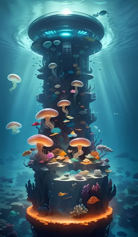 a giant city under the sea,architecture,blue spot,many pure jellyfish,orange light,
