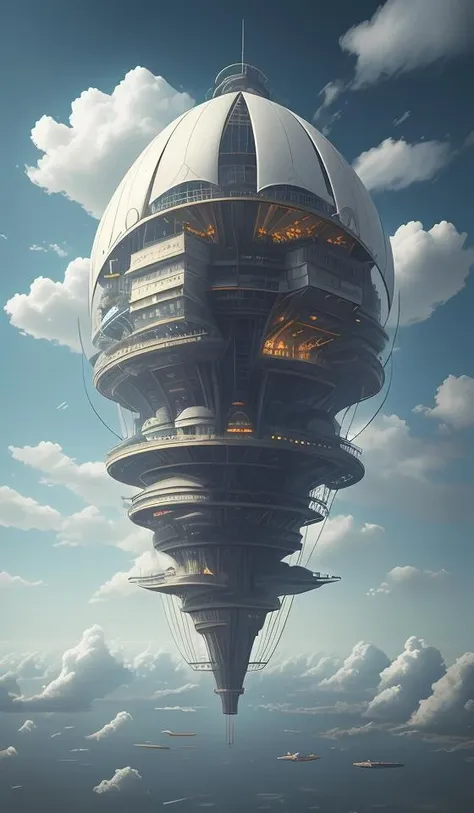 floating city,airship,cloudy sky,