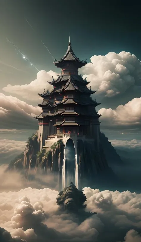 DUNGHUANG,DUNGHUANG BACKGROUND,on the sky,on the clouds,Fairyland, surrounded by clouds and smoke, oriental palace bridge, monster, abstract dream, space, intricate, grand scale, alone, cinematic film still, insane detail, sharp focus, depth of field, realistic lighting, (realistic perspective), complex, (multiple subjects), 4k HDR, <lora:add_detail:0.5> <lora:more_details:0.25> <lora:FantasyWorldV1:0.25>