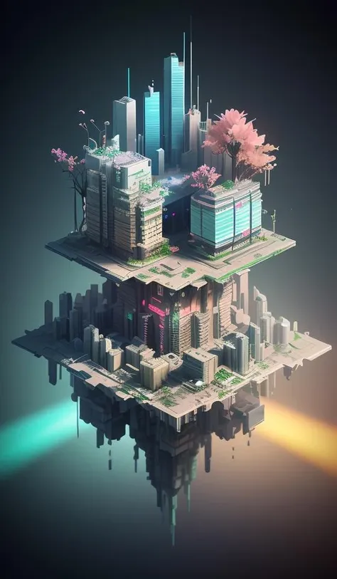 dskise, (isometric) , (flower), (vaporwave), isometric cutaway of a crystalized dilapidated city, cityscape, volumetric lighting ,FXAA, Chromatic Aberration, Concept Art, 8k Concept Art, Greg Rutowski, (unreal engine), octane render, dskise