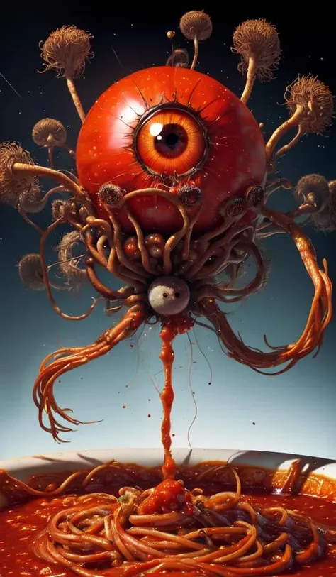 best quality, masterpiece, highres, detailed, perfect anatomy, <lora:Style - add_detail:0.2>, FSM, Flying spaghetti monster, cosmos, tomato sauce, eyeball, true terror,