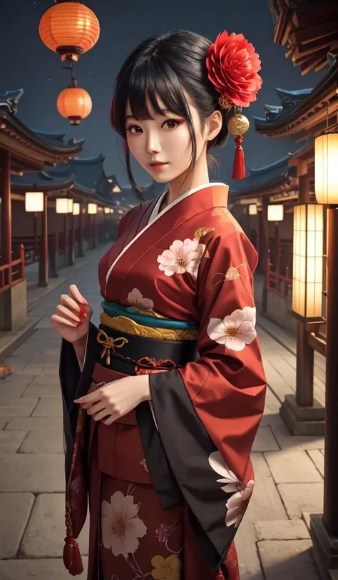 sinsya, japanese clothes, hair ornament, kimono, red eyes, hair flower, lantern, black hair, paper lantern, looking at viewer, bangs, floral print, red flower, red kimono, 1girl, wide sleeves, architecture, east asian architecture, long sleeves, upper body, outdoors, tassel