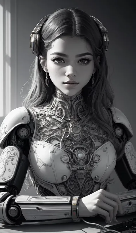 the portrait of an elegant, sophisticated, fashionable robotess idol, an ultrafine illustration of young half arab zendaya mix by kim jisu, intricate linework, neon wiring, fashion, porcelain skin, unreal engine 5 highly rendered, global illumination, radiant light, detailed and intricate environment, by rutkowski, artgerm, marvel comics