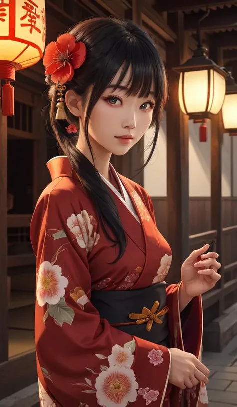 sinsya, japanese clothes, hair ornament, kimono, red eyes, hair flower, lantern, black hair, paper lantern, looking at viewer, bangs, floral print, red flower, red kimono, 1girl, wide sleeves, architecture, east asian architecture, long sleeves, upper body, outdoors, tassel