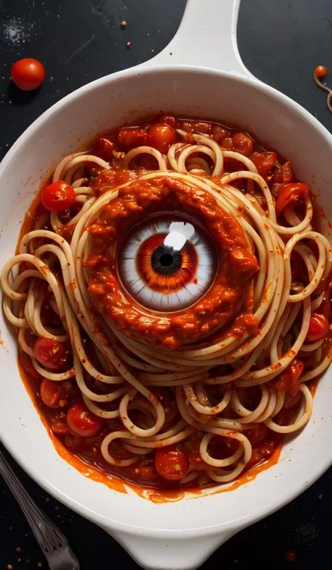 best quality, masterpiece, highres, detailed, perfect anatomy, <lora:Style - add_detail:0.2>, FSM, Flying spaghetti monster, cosmos, tomato sauce, eyeball, true terror,
