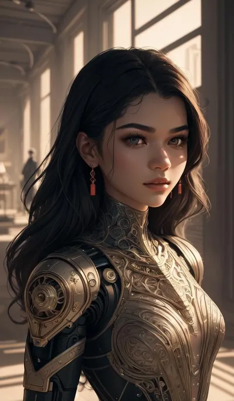 the portrait of an elegant, sophisticated, fashionable robotess idol, an ultrafine illustration of young half arab zendaya mix by kim jisu, intricate linework, neon wiring, fashion, porcelain skin, unreal engine 5 highly rendered, global illumination, radiant light, detailed and intricate environment, by rutkowski, artgerm, marvel comics