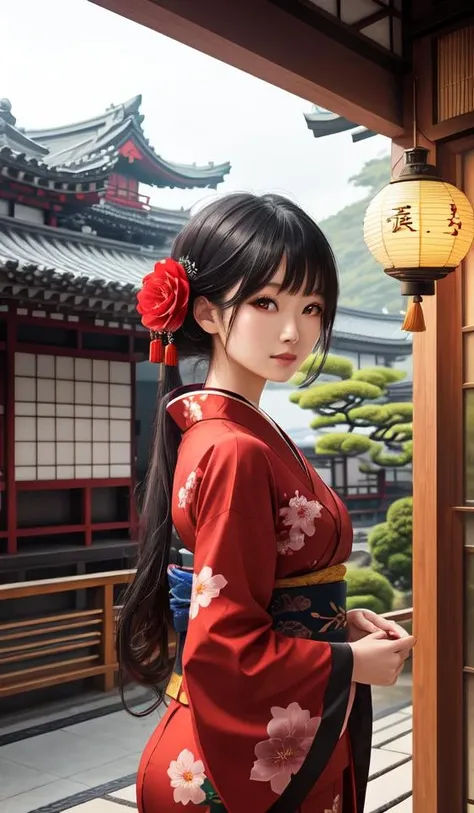 sinsya, japanese clothes, hair ornament, kimono, red eyes, hair flower, lantern, black hair, paper lantern, looking at viewer, bangs, floral print, red flower, red kimono, 1girl, wide sleeves, architecture, east asian architecture, long sleeves, upper body, outdoors, tassel