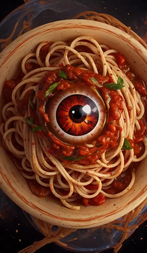 best quality, masterpiece, highres, detailed, perfect anatomy, <lora:Style - add_detail:0.2>, FSM, Flying spaghetti monster, cosmos, tomato sauce, eyeball, true terror,