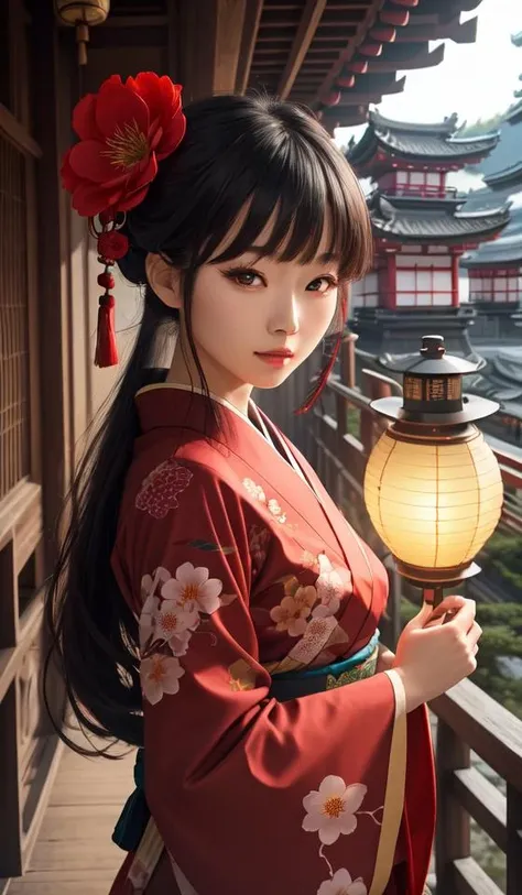 sinsya, japanese clothes, hair ornament, kimono, red eyes, hair flower, lantern, black hair, paper lantern, looking at viewer, bangs, floral print, red flower, red kimono, 1girl, wide sleeves, architecture, east asian architecture, long sleeves, upper body, outdoors, tassel