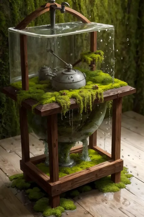 water splash, wood, ivy, tank covered with moss