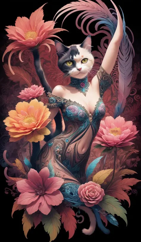 masterpiece, top quality, best quality, official art, beautiful and aesthetic, (cat catcore:1.3), extremely detailed, fractal art, colorful flowers, highest detailed, zentangle, dynamic pose, abstract background, many colors, earrings, feathers